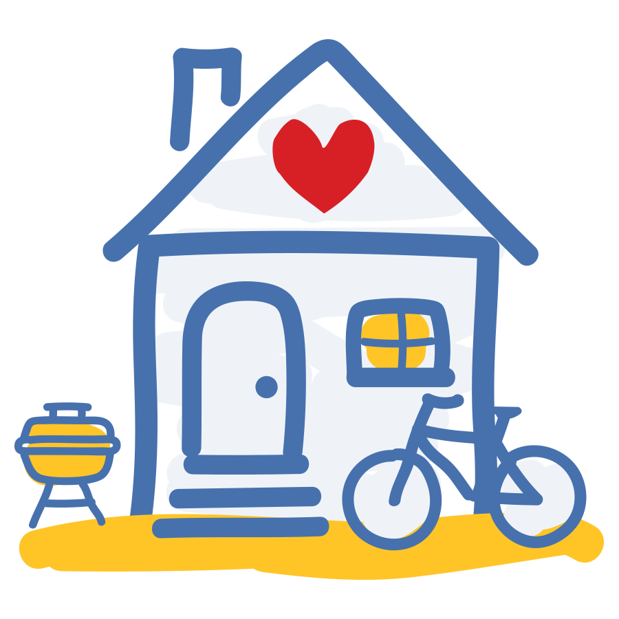 Illustration of a blue house with a barbeque to the left and bicycle to the right. There is a red heart on the roof. This depicts the Ronald McDonald Family Retreat